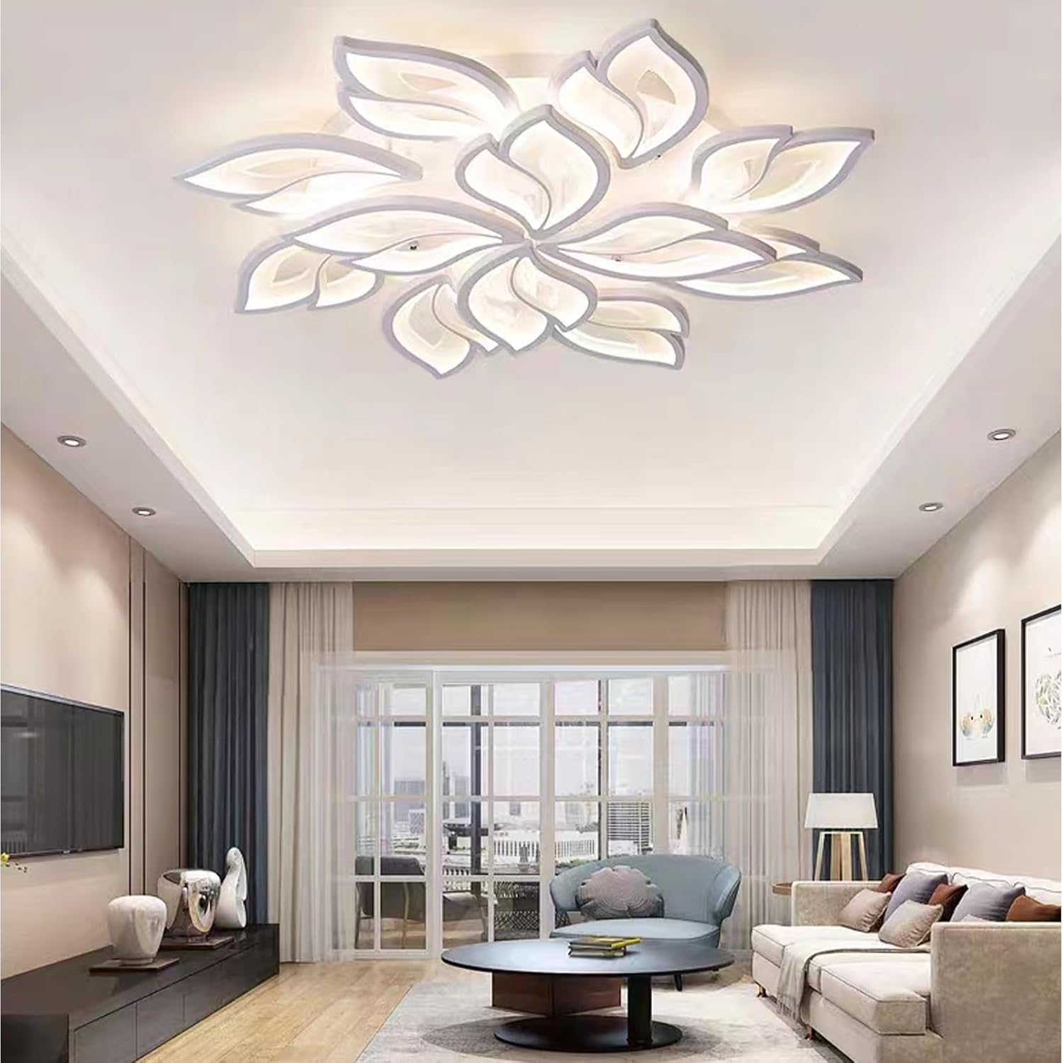 Modern Ceiling Light,32” Dimmable LED Chandelier Flush Mount Ceiling Lights,Remote Control Acrylic Leaf Ceiling Lamp Fixture for Living Room Dining Room Bedroom Kitchen(90W /White)