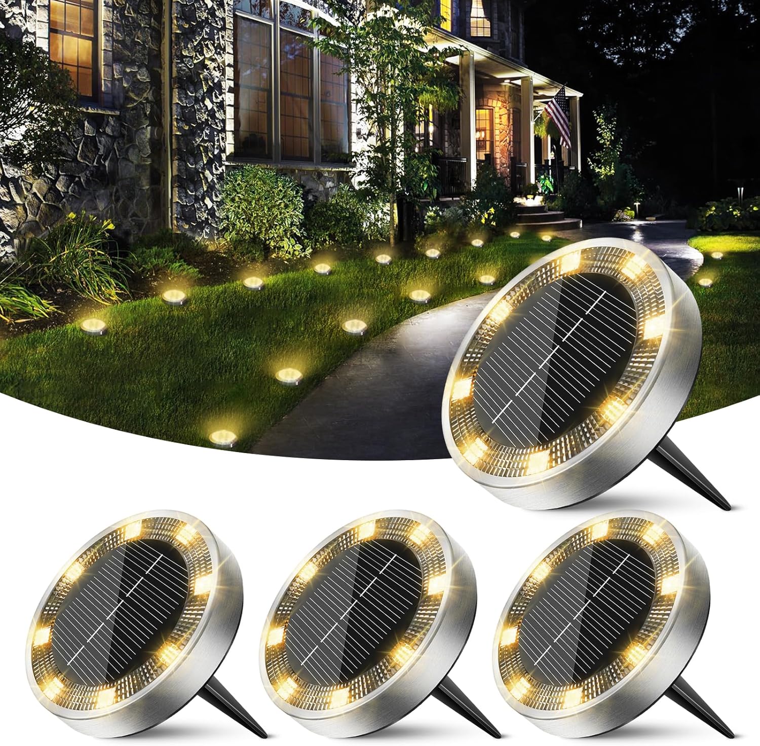 Mini Solar Ground Lights Outdoor, 4 Pack Flat Solar Powered Disc Lights, IP68 Waterproof, Anti-Rust, Landscape Lighting for Pathway Garden Yard Lawn Walkway Landscape Driveway, Warm White